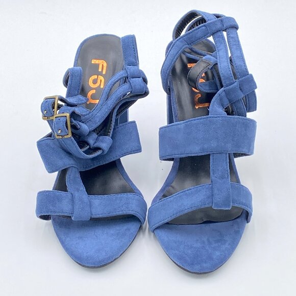 FSJ Blue Chunky High Heel Sandals Velvet Peep Toe Ankle Strap with Buckle Shoes - Picture 3 of 7
